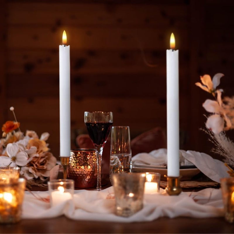 DRomance White Flameless Taper Candles Battery Operated with 6H Timer, Real Wax 3D Wick Flickering LED Taper Candles Dinner Wedding Holiday Decor(6 Pack, 0.78 x 9.64 Inches) - Image 2